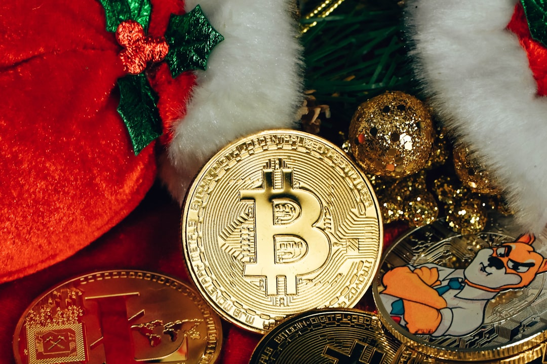 Bitcoin and other cryptocurrency coins amidst festive holiday decorations